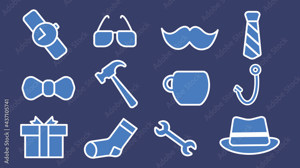 Father's Day concept, icons set, on blue background Father's Day concept, icons set, on blue background
