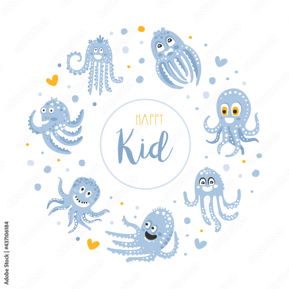 Happy Kid Banner Template with Cute Funny Light Blue Octopus in Circular Shape, Childish Banner, Poster, Background Design Vector Illustration