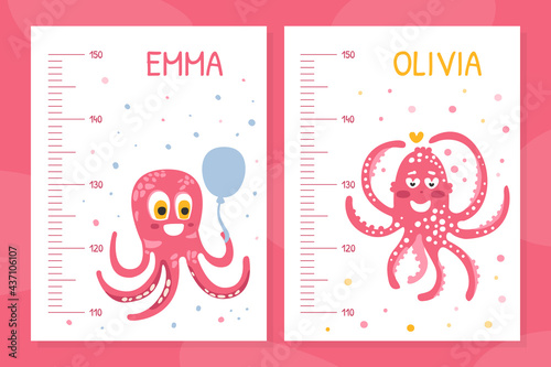 Kids Wall Meter with Pink Funny Octopus, Height Chart with Cute Sea Creatures Vector Illustration