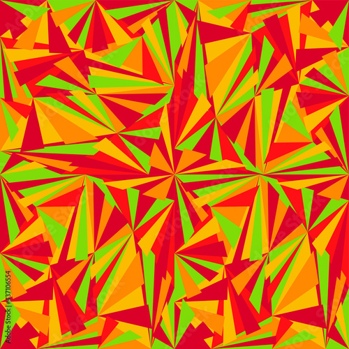 Vector graphics - a beautiful abstract seamless pattern of scattered multi-colored triangles of the trending color palette summer 2021