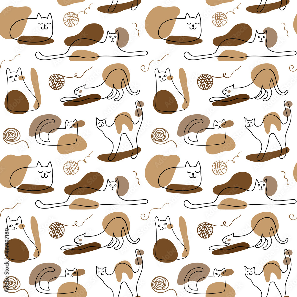 Seamless vector pattern with cute doodle cats. Playful kitten and abstract modern shapes on white background.