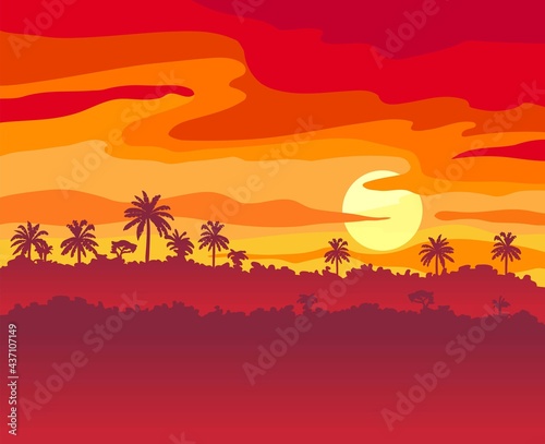 three palm trees grow on a wild beach. vector sketch on white background