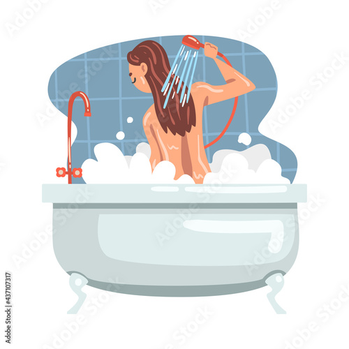 Young Female Bathing in the Bathtub Holding Shower Head Washing Her Body and Hair Vector Illustration