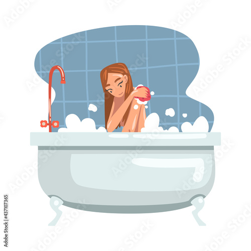 Young Female Bathing in the Bathtub Washing Her Body with Soap and Shower Puff Vector Illustration