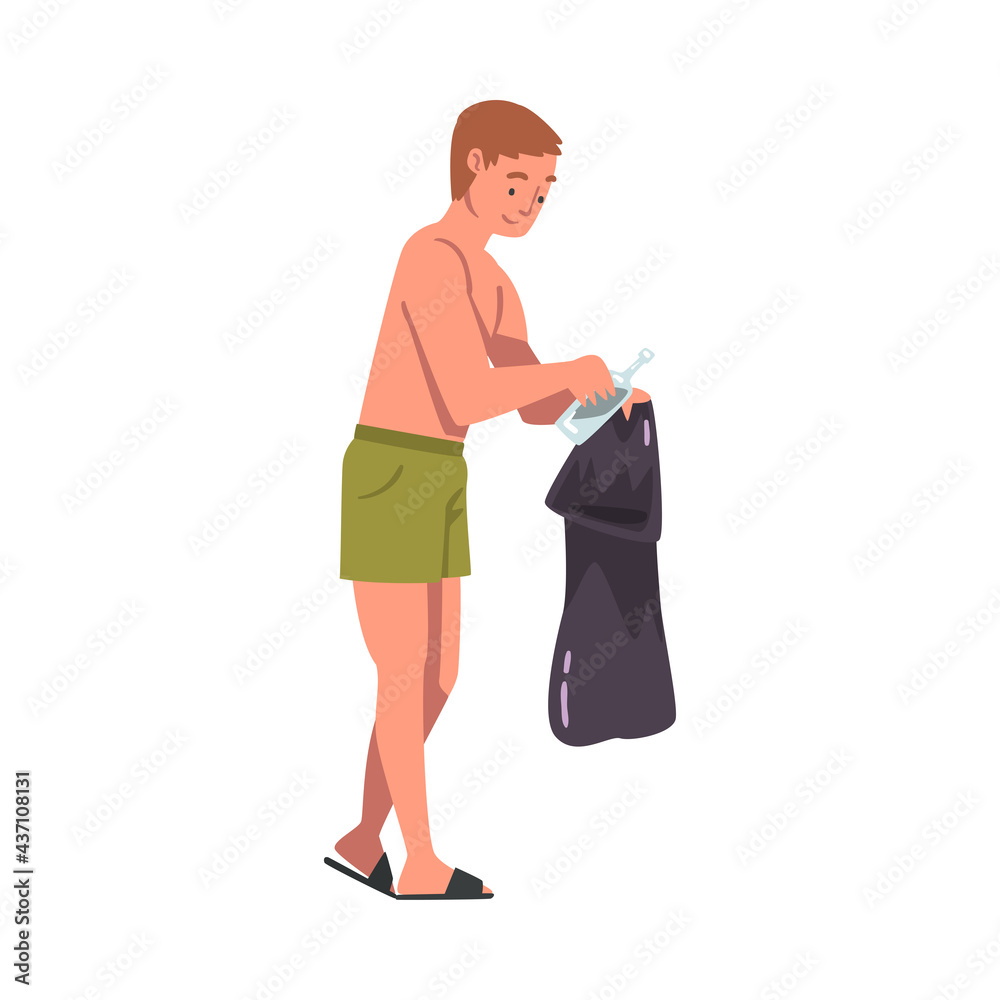 Volunteer Collecting Trash into Bag on Beach, Man in Swimwear Cleaning Beach from Garbage, Ecology Protection Concept Cartoon Vector Illustration Volunteer Collecting Trash into Bag on Beach, Man in Swimwear Cleaning Beach from Garbage, Ecology Protection Concept Cartoon Vector Illustration