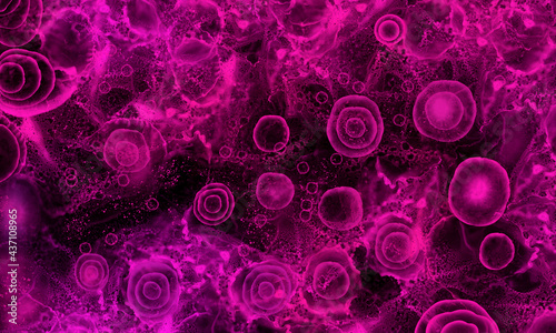 Pink microscopy universe banner with space effect. Purple alcohol ink abstract background. X-ray alcohol ink. 