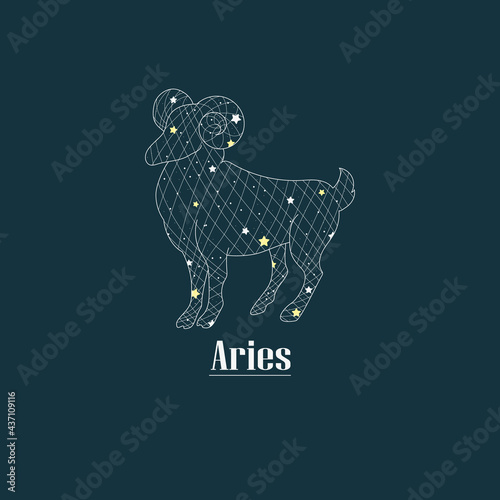 Zodiac design with star grid. Abstract aries design. Signs with texts in Latin.