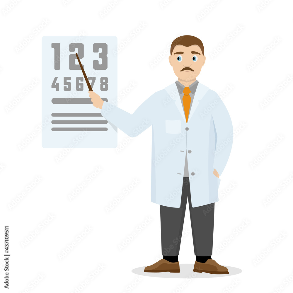 The doctor points with his pointer at the vision test chart. The doctor points with his pointer at the vision test chart.