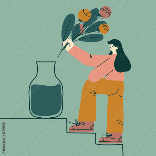 Gardener girls with flower bouquet, concept flowers shop, girls team flat 