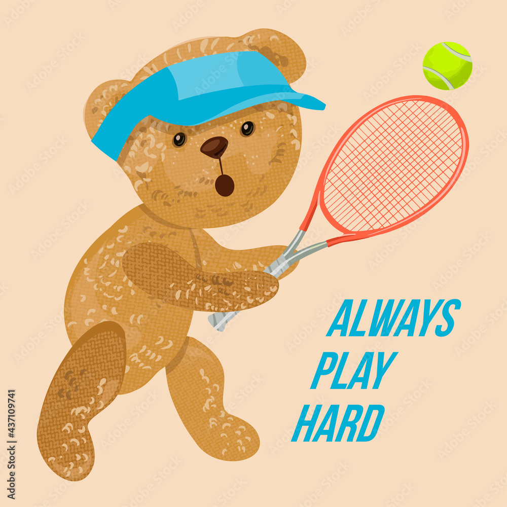The teddy bear plays tennis, Olympic sport. Logo, icon with the slogan  Always Play Hard. Vintage vector illustration template poster for design.  Stock Vector | Adobe Stock