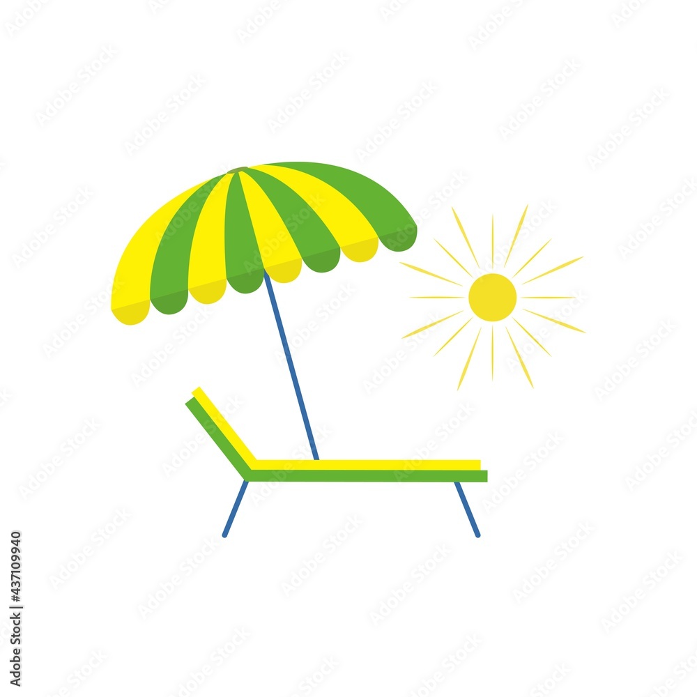 Vector image of summer vacation. Umbrella, sun and sun lounger, beach scene.
