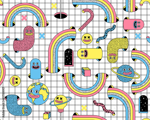 Surreal vector seamless pattern with emoji, rainbow, arch, space in trendy psychedelic weird cartoon style.