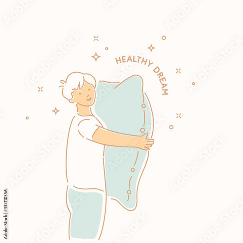 The poster is dedicated to proper sleep, which promotes rest and health of the body. A young man with a pillow.
