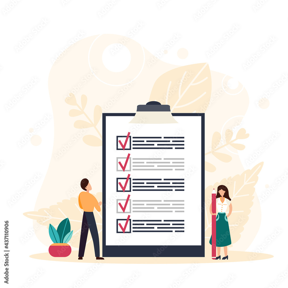 Woman holding a pencil completing checklist on clipboard. Successfully complete business assignments. Flat vector illustration