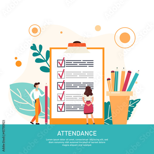 Attendance concept. Business man with giant pencil nearby marked checklist on a clipboard paper. Successful completion of tasks. Flat vector illustration