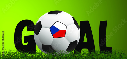Slogan goal with football with flag of Czech, Czechia  on green soccer grass field. Vector background banner. Sport finale wk, ek or school, sports game cup. 2021