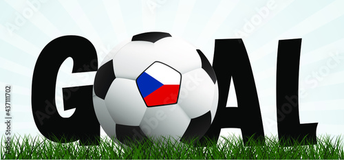 Slogan goal with football with flag of Czech, Czechia on green soccer grass field. Vector stadium, supporters background banner. Sport finale wk, ek or school, sports game cup. 2021