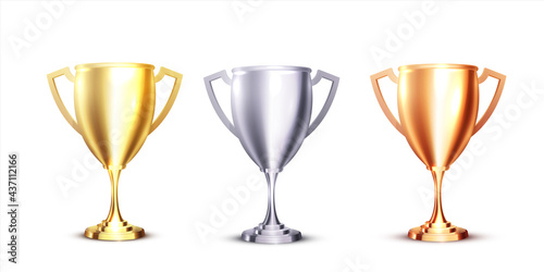 Realistic icon with gold, silver and bronze trophy on white background. Realistic 3d design.