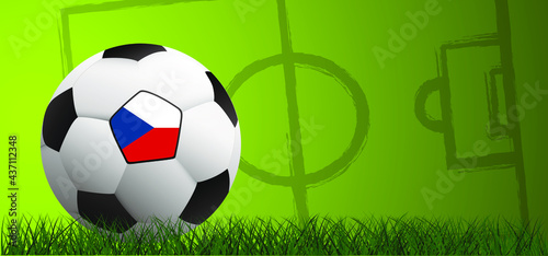 Football with the flag of Czech, Czechia on green soccer grass field. Vector stadium, supporters background banner. Sport finale or school, sports game cup. Summer, spring time, Street ball games.