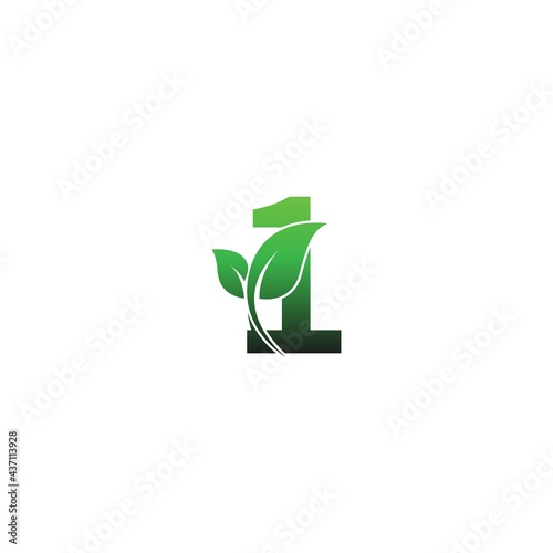 Number 1 with green leafs icon logo design template illustration