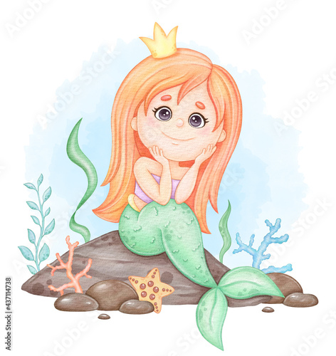 Tableau sur toile cute mermaid sits on a rock, children's watercolor illustration for printing