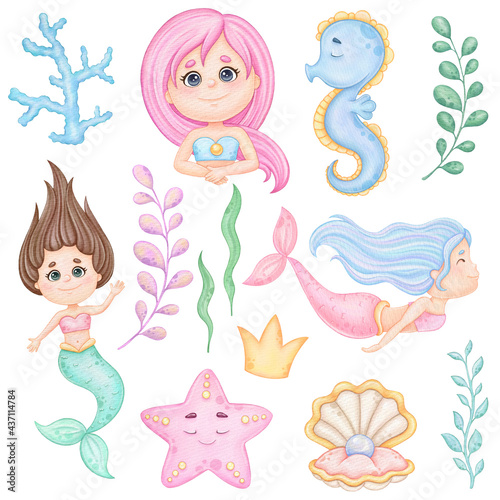 Bild auf Leinwand Watercolor cute little mermaid clip art