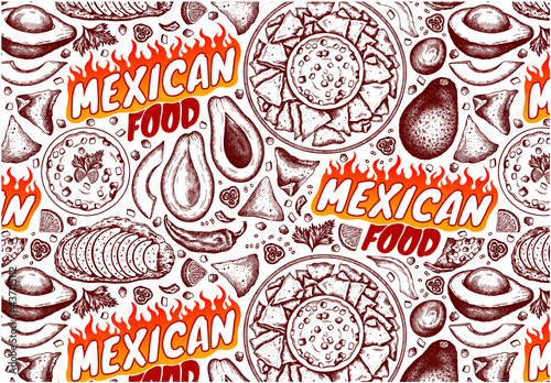 Sketch drawing Mexican Food pattern with nachos, hot chili pepper, guacamole, avocado, salsa sauce, corn chips isolated on white background. Outline spicy snacks. Menu wallpaper. Vector illustration.