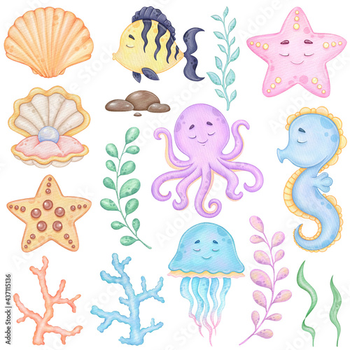 Watercolor underwater world clip art, Sea animals, Printable art