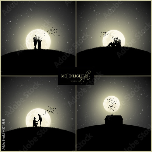 Lovers on moonlight night. Death, afterlife. House on hill. Full moon