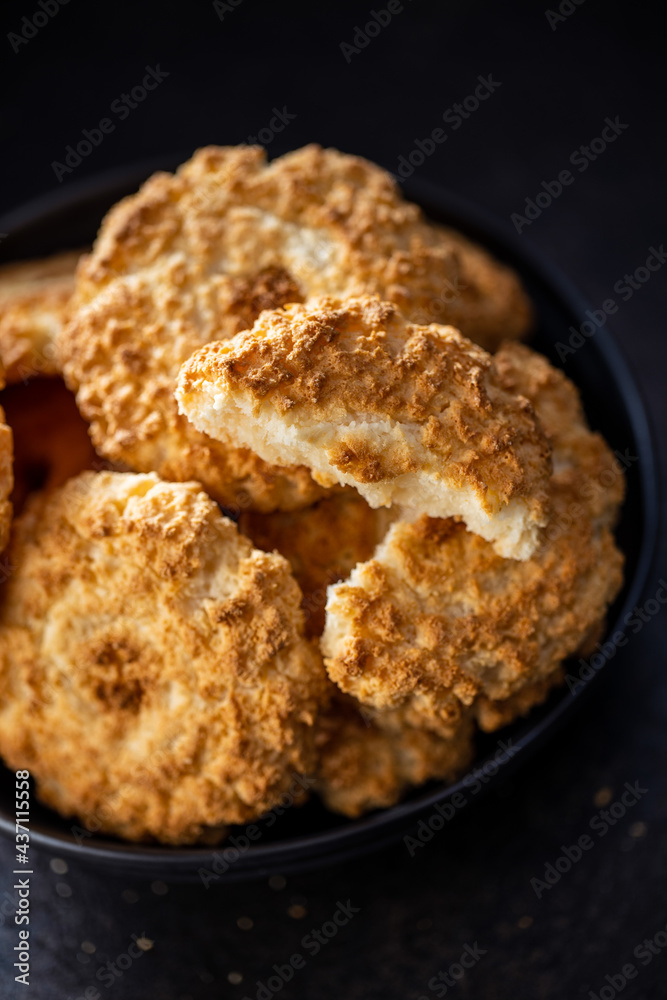 Sweet coconut cookies. Tasty biscuits with coconut flavor.