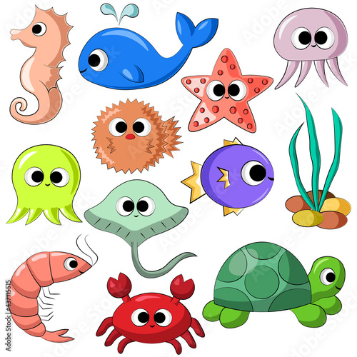 Set with cute cartoon underwaters animals in color