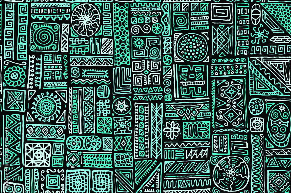 Traditional african vector seamless pattern design in black turquoise colors