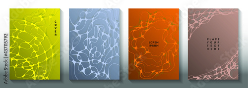 Virtual reality idea abstract vector covers. Dynamic curve lines tissue textures. Abstract notebook vector layouts. Radio physics cover pages graphic design set.
