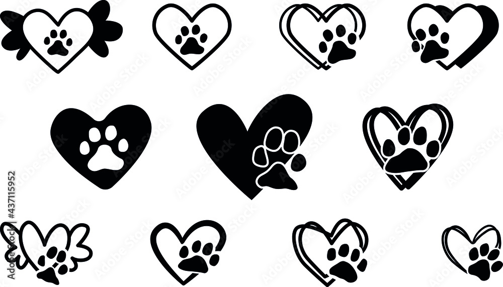 Fototapeta premium Cat and dog footprint inside heart, vector icon logo design template, animal paw print isolated on white background