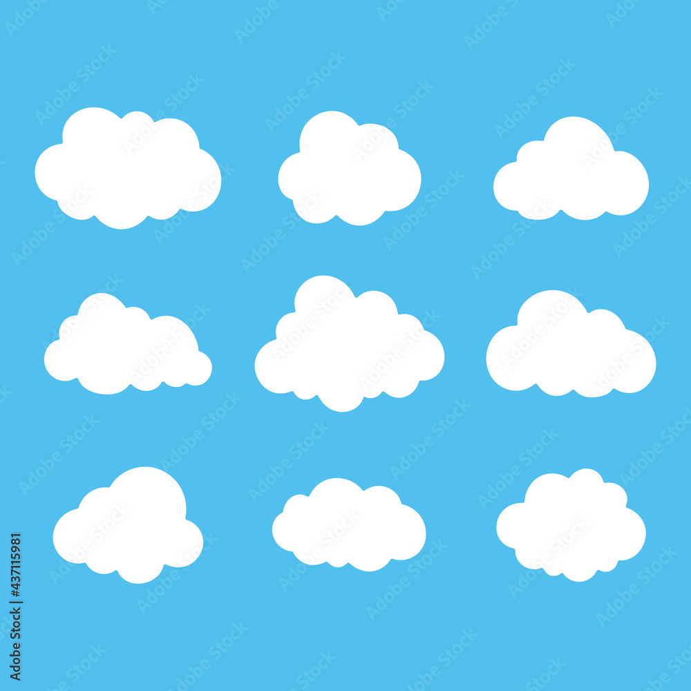 Set of cloud outline icons. Nature symbol vector illustration on blue sky background.