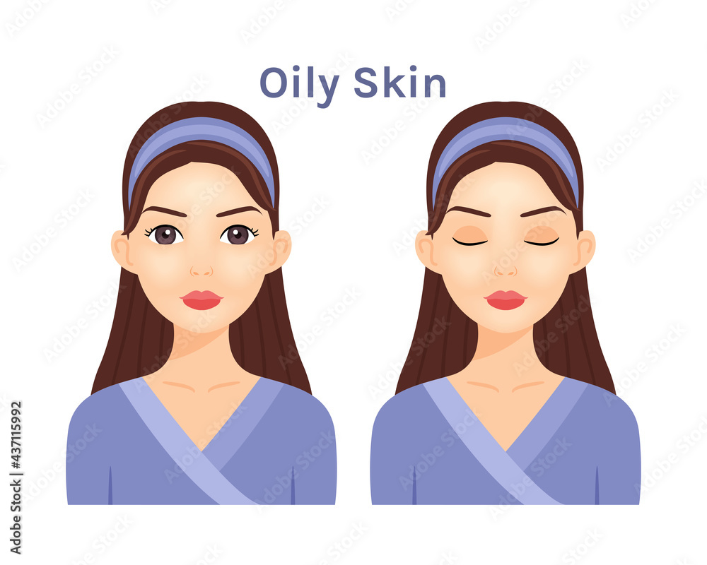 Oily Skin. Isolated Beautiful Brunette woman. Cute face. Skin disease.Treatment.Woman with open eyes and closed. White background. Color Flat cartoon illustration.Poster.Vector stock illustration. Oily Skin. Isolated Beautiful Brunette woman. Cute face. Skin disease.Treatment.Woman with open eyes and closed. White background. Color Flat cartoon illustration.Poster.Vector stock illustration.