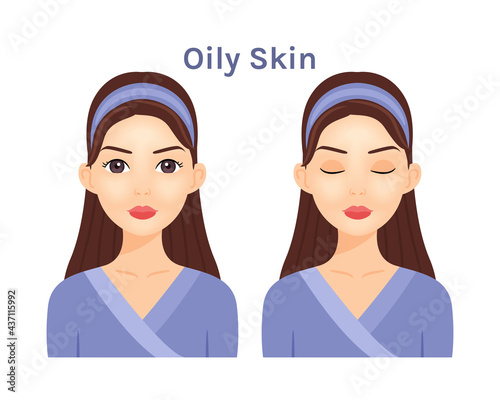 Oily Skin. Isolated Beautiful Brunette woman. Cute face. Skin disease.Treatment.Woman with open eyes and closed. White background. Color Flat cartoon illustration.Poster.Vector stock illustration.