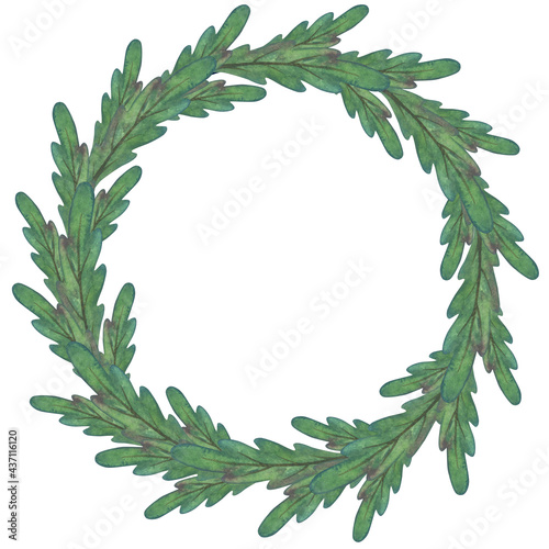 A simple wreath of green branches on a white background.