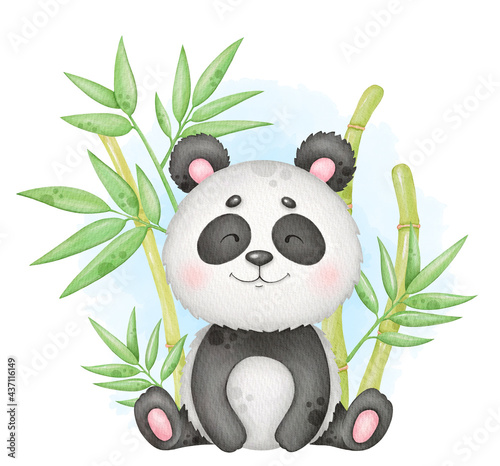 Cute panda and bamboo children illustration isolated on white