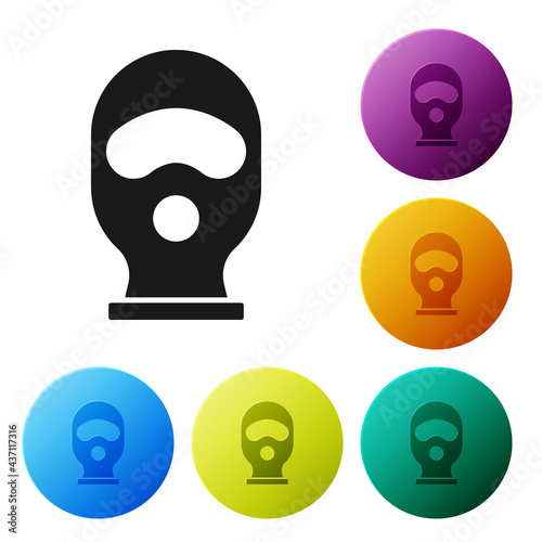 Black Balaclava icon isolated on white background. A piece of clothing for winter sports or a mask for a criminal or a thief. Set icons in color circle buttons. Vector