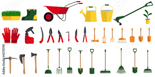Illustration of a set of different gardening tools, plants, wheelbarrow, trimmer, boots and gloves