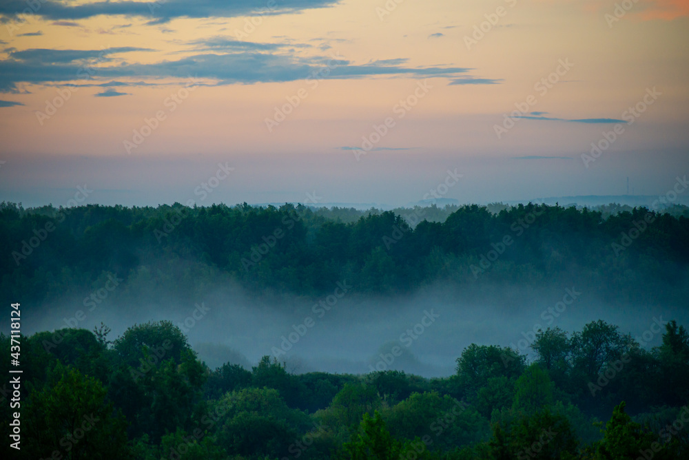 Fog spreads over the lowlands along the forest during sunset. Evening landscape Fog spreads over the lowlands along the forest during sunset. Evening landscape