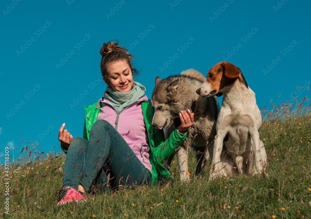 Portrait of young beautiful woman stroking two dogs on top of the mountain with perfect blue sky . Happiness and friendship. pet and woman. Traveling With dogs Portrait of young beautiful woman stroking two dogs on top of the mountain with perfect blue sky . Happiness and friendship. pet and woman. Traveling With dogs
