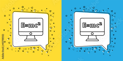 Set line Math system of equation solution on computer monitor icon isolated on yellow and blue background. E equals mc squared equation on computer screen. Vector photo