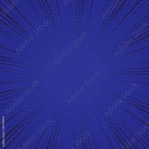 Radial Speed Line background. Vector illustration. Comic book black and blue radial lines background. Halftone.