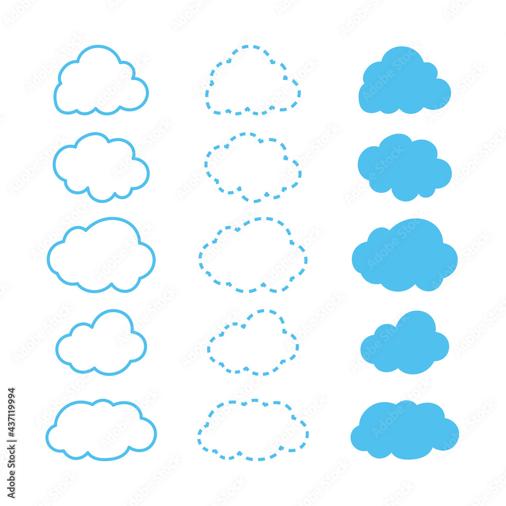 Set of cloud outline icons. Nature symbol vector illustration on blue sky background. Set of cloud outline icons. Nature symbol vector illustration on blue sky background.