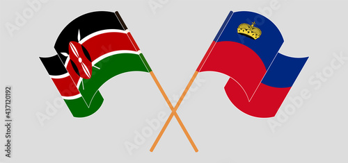 Crossed and waving flags of Kenya and Liechtenstein