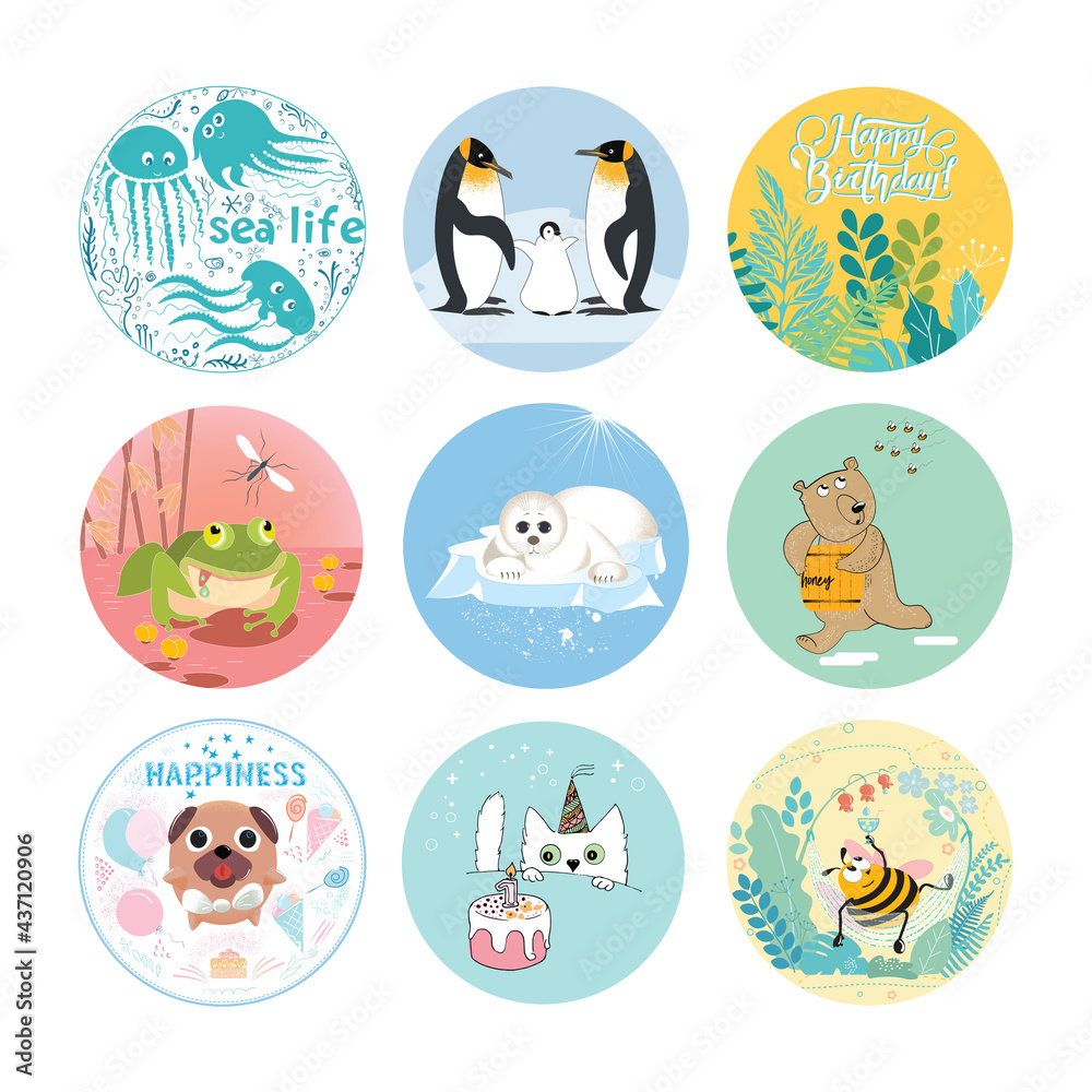 A set of stickers with cartoon characters. Jellyfish, penguins, frog, seal, bear, dog cat and bee