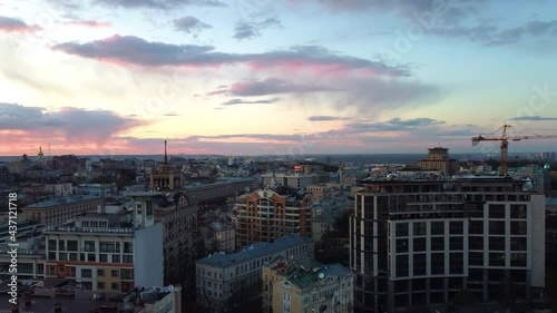 Kiev, the center of the capital, a view from a bird flight over the city at sunset