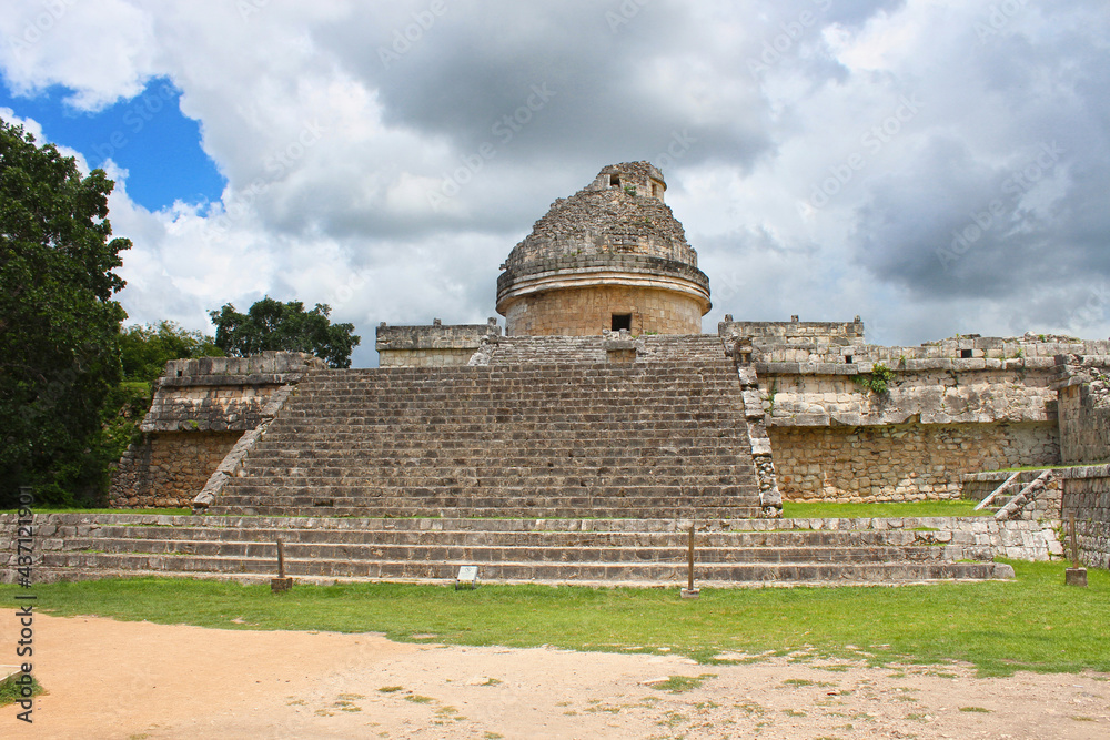The El Caracol observatory temple located on the territory of the Mayan city of Chichen Itza, Yucatan, Mexico. Ancient religious mayan ruins in Mexico. Remains of old Indian civilization.